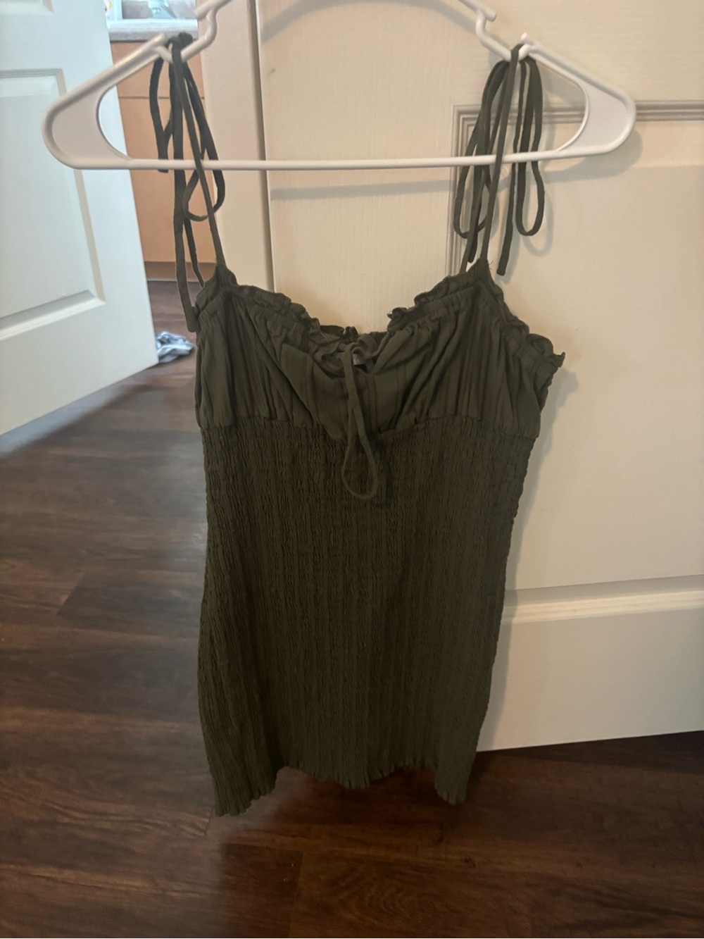 Smocked Olive Green Tie-Shoulder Cami Dress